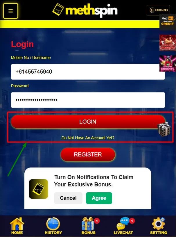 MethSpin Casino login form